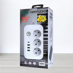 Мережевий фільтр з вимикачем Power Socket F015 на 3 розетки, 3 USB, 1 Type-C, 2500W, довжина 2м